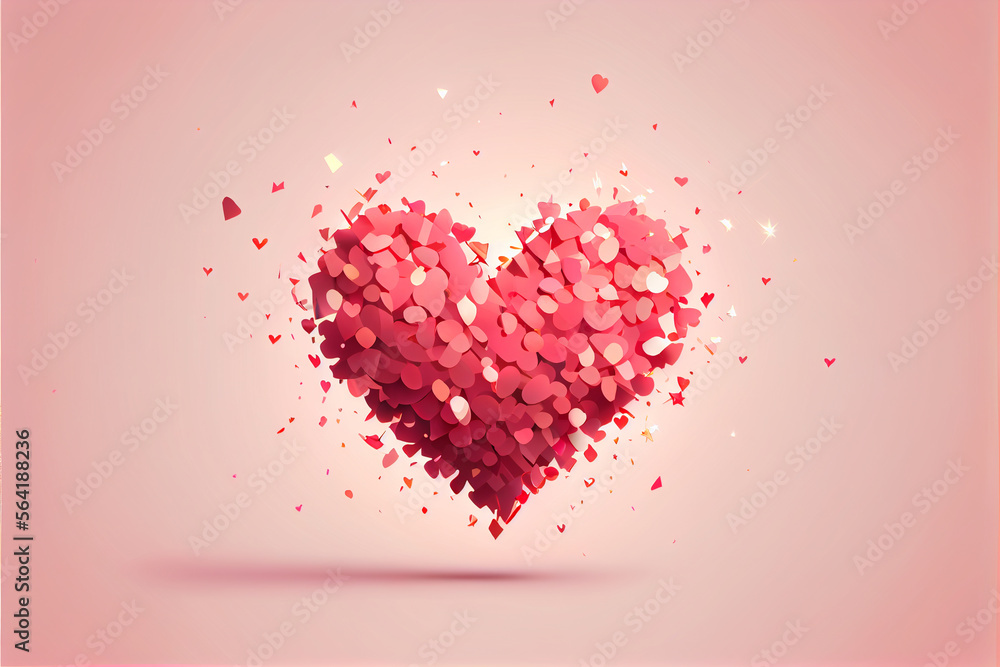 Flying red heart shaped sparkles on a pastel pink background, flat design