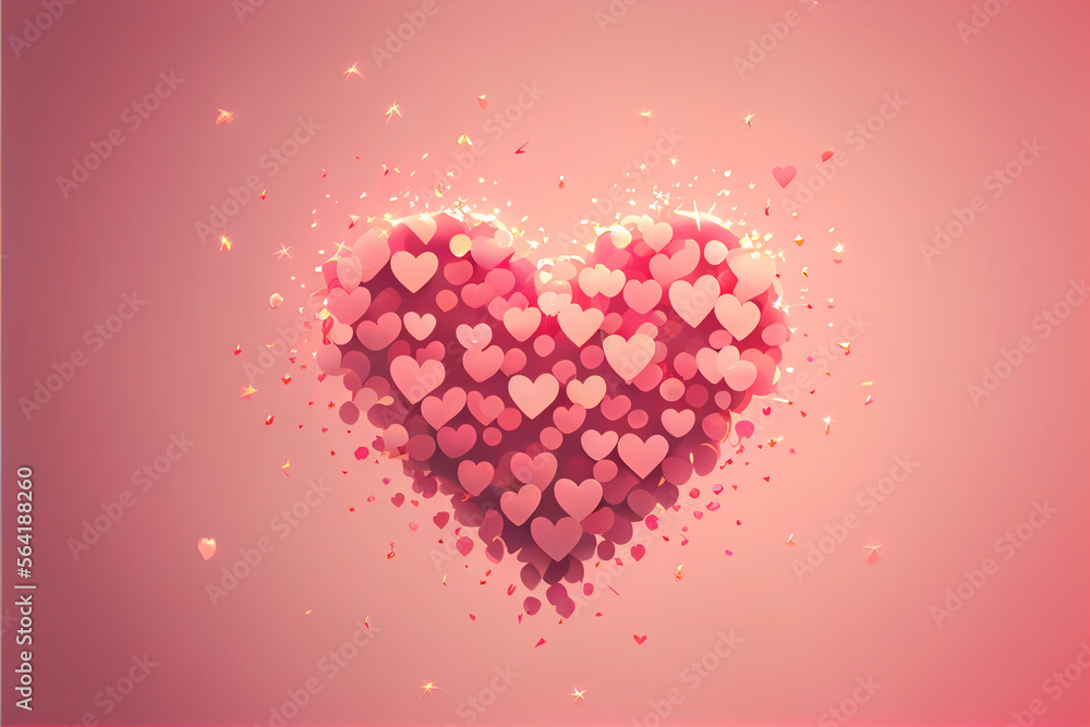 Flying red heart shaped sparkles on a pastel pink background, flat design Flying red heart shaped sparkles on a pastel pink background, flat design