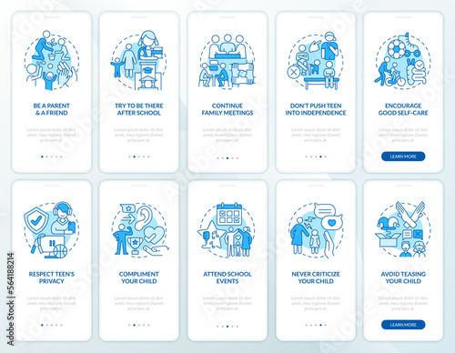 Teen parenting and self esteem blue onboarding mobile app screens set. Walkthrough 5 steps editable graphic instructions with linear concepts. UI, UX, GUI template. Myriad Pro-Bold, Regular fonts used