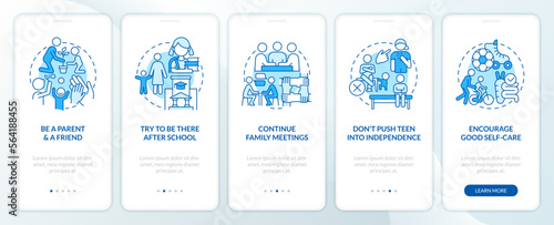 Peaceful teen parenting tips blue onboarding mobile app screen. Family walkthrough 5 steps editable graphic instructions with linear concepts. UI, UX, GUI template. Myriad Pro-Bold, Regular fonts used