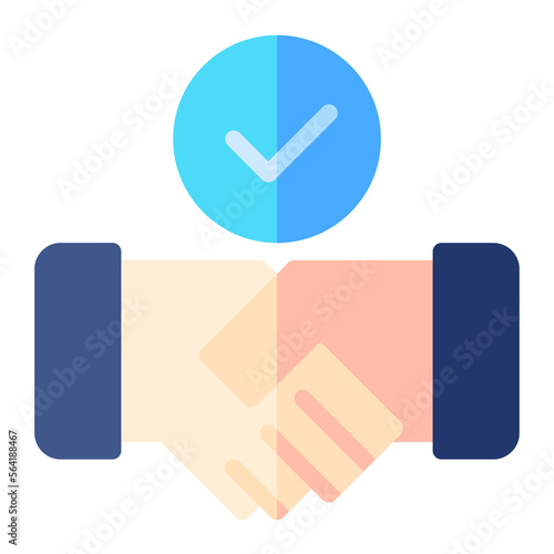 Isolated handshake with check mark in flat icon on white background. Deal, congrats, approve, greeting, partnership, teamwork