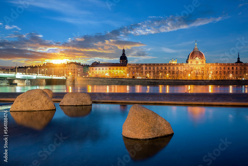 Rhone river in Lyon city at sunset