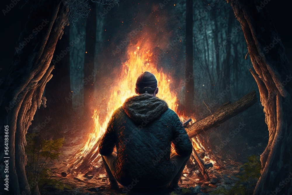 Man making campfire in forest. Generative AI.