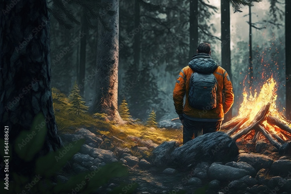 Man making campfire in forest. Generative AI. Man making campfire in forest. Generative AI.