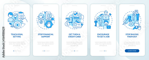 Teaching teenager responsibility blue onboarding mobile app screen. Walkthrough 5 steps editable graphic instructions with linear concepts. UI, UX, GUI template. Myriad Pro-Bold, Regular fonts used