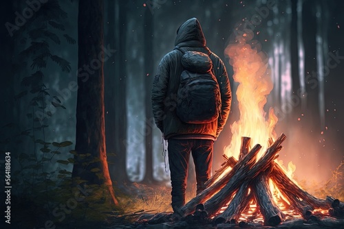Man making campfire in forest. Generative AI.