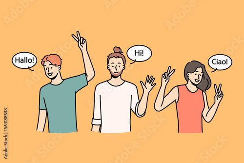 Smiling multiracial people waving hands greeting in different languages. Happy interracial men and women saying hello. Multiethnic group. Vector illustration. 