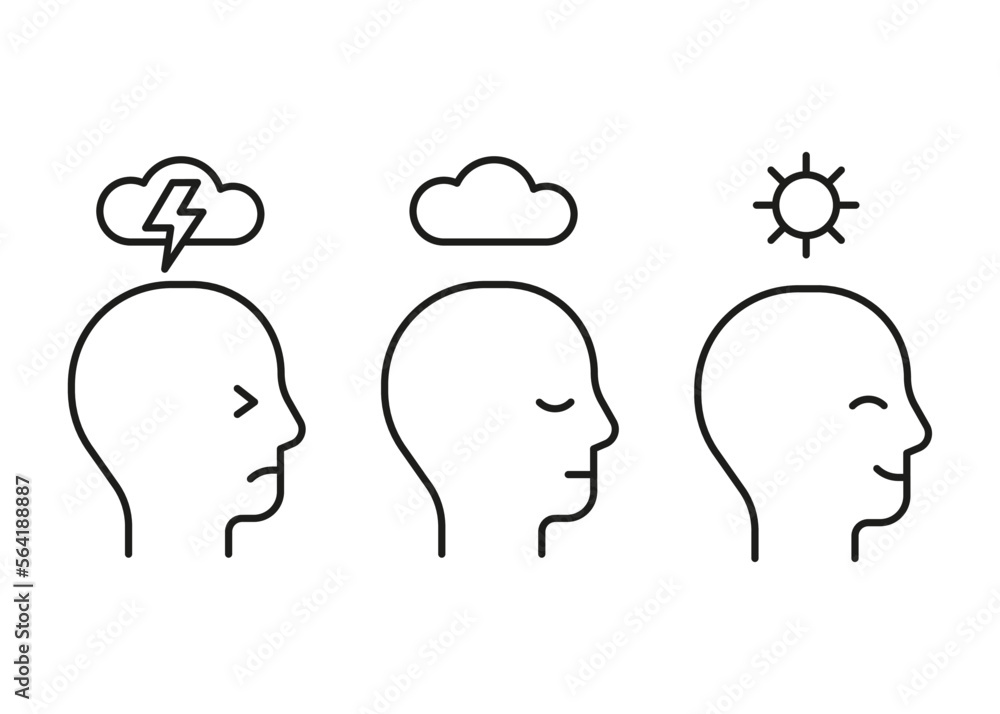Mental health line icon. Head profile with stress, calm and positive mood. Face with storm, cloud and clear sky, sun. Control of mind, psychology. Vector illustration