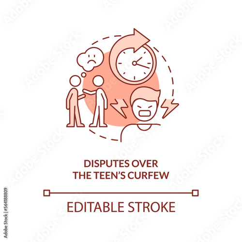 Disputes over teen curfew terracotta concept icon. Parent child conflict area abstract idea thin line illustration. Isolated outline drawing. Editable stroke. Arial, Myriad Pro-Bold fonts used