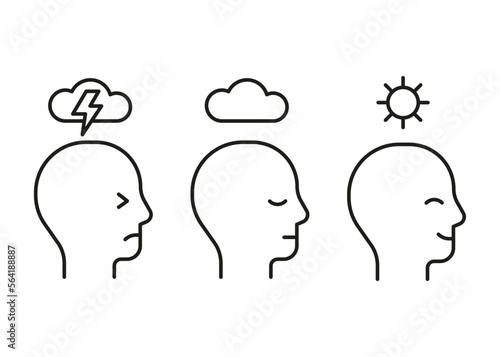 Mental health line icon. Head profile with stress, calm and positive mood. Face with storm, cloud and clear sky, sun. Control of mind, psychology. Vector illustration
