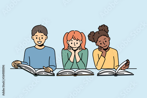 Smiling diverse kids sitting at table reading books. Happy multiethnic children have fun enjoy literature or learning. Education. Vector illustration. 