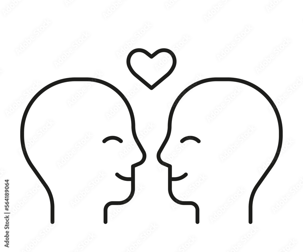 Couple people head profile with love heart, line icon. Face with love feeling, relationship in family. Two lovers look at each other. Valentines day. Vector illustration