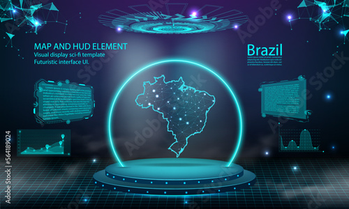brazil map light connecting effect background. abstract digital technology UI, GUI, futuristic HUD Virtual Interface with brazil map. Stage futuristic podium in fog.
