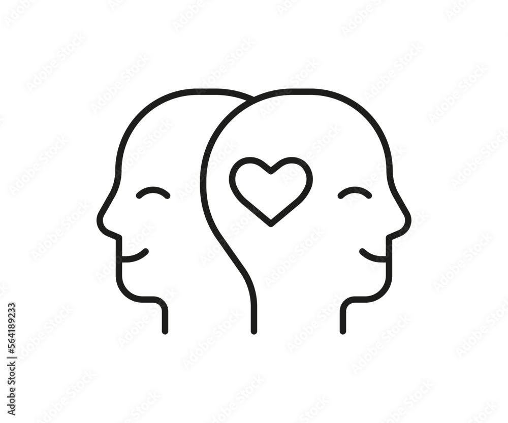 Couple people head profile with love heart, line icon. Face with love feeling, relationship in family. Two lovers.Valentines day. Vector