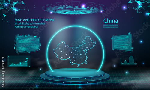 china map light connecting effect background. abstract digital technology UI, GUI, futuristic HUD Virtual Interface with china map. Stage futuristic podium in fog.