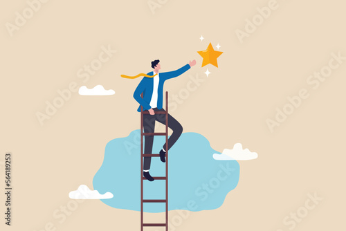 Success ladder to reach goal, achievement or opportunity, climb up ladder to get new hope, accomplishment or career development concept, businessman climb up ladder of success to reach star target.