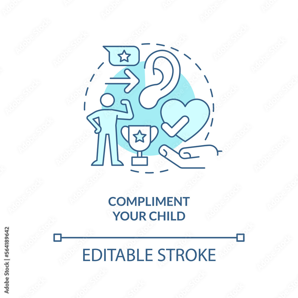 Compliment your child turquoise concept icon. Promoting self esteem in teen abstract idea thin line illustration. Isolated outline drawing. Editable stroke. Arial, Myriad Pro-Bold fonts used Compliment your child turquoise concept icon. Promoting self esteem in teen abstract idea thin line illustration. Isolated outline drawing. Editable stroke. Arial, Myriad Pro-Bold fonts used