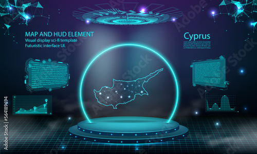 cyprus map light connecting effect background. abstract digital technology UI, GUI, futuristic HUD Virtual Interface with cyprus map. Stage futuristic podium in fog.