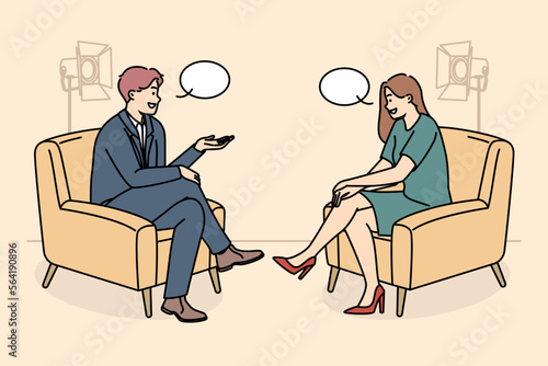 Smiling people sitting in chairs in studio filming TV program. Happy interviewer and interviewee have discussion shooting live broadcast. Vector illustration. 