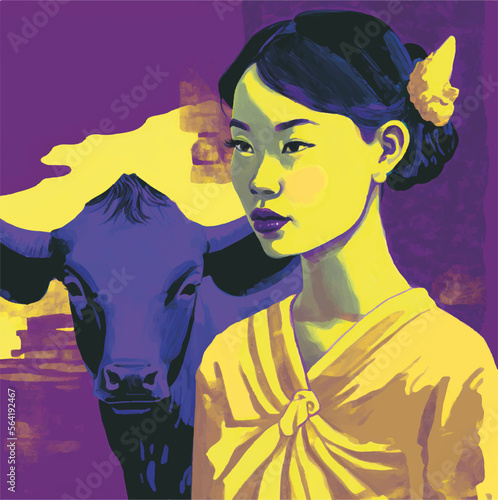 Asienszene Frau mit Kuh, Illustration