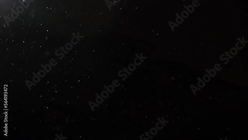 Snowflakes gently falling against a dark sky create a serene winter scene. The contrast between the bright snow and the dark background captures the essence of a cold, tranquil night.