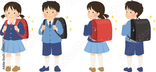 ランドセルを背負った新一年生の男の子と女の子（正面・後ろ姿_セット）_ベクターイラスト
