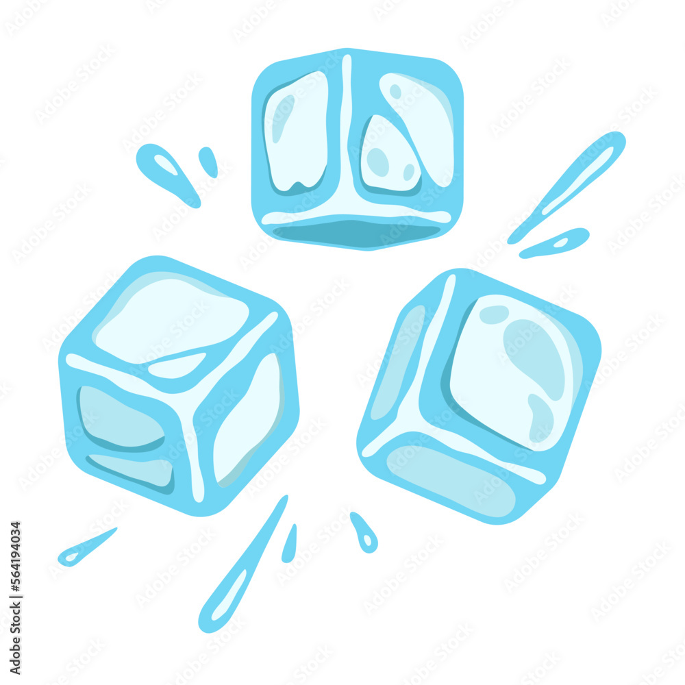 Ice cubes in the air with splashing water droplets, the concept of chilling drink and cold, frosty and fresh cubes, frozen liquid crystals in a flat cartoon style. Vector illustration Ice cubes in the air with splashing water droplets, the concept of chilling drink and cold, frosty and fresh cubes, frozen liquid crystals in a flat cartoon style. Vector illustration