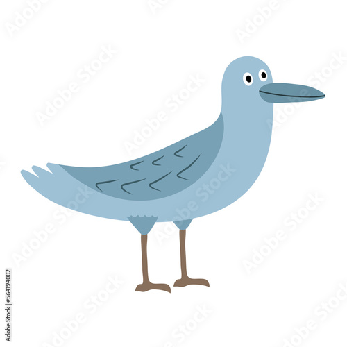 The seagull is blue in a flat cartoon style, a cute bird cheerful and smiling. Vector graphics for children illustrations, isolated cheerful bird on white background