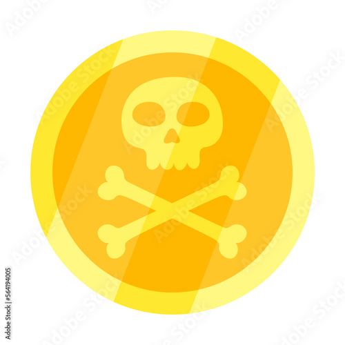 Gold pirate coin with skull and crossbones in flat cartoon style. Vector graphics coin in yellow, pirate theme for children's illustration