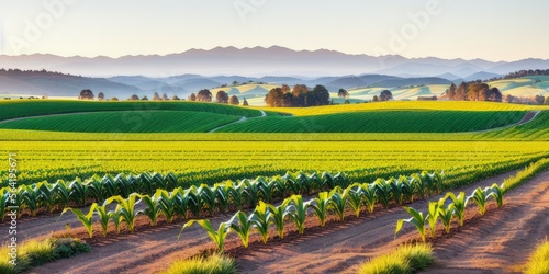 Corn field growing in farmland with mountains in the background, beautiful plains, rolling hills and immaculate rows of crops © G-IMAGES