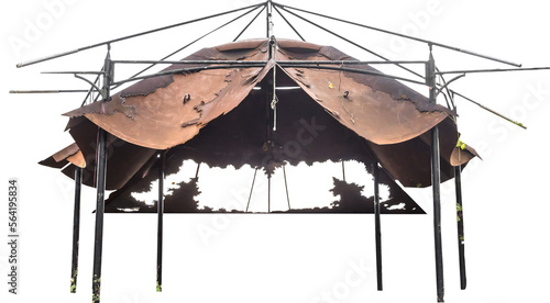 Isolated PNG cutout of a rusty metallic tent on a transparent background, ideal for photobashing, matte-painting, concept art photo