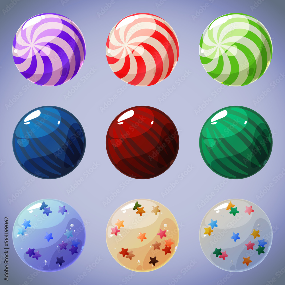 Set of nine objects for interface design. Bright multi-colored lollipops and candies. Templates for mobile games. Cute cartoon sweets.