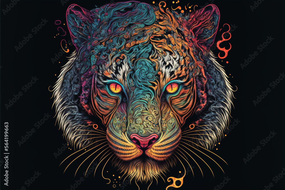Colorful Tiger in a psychedelic style background, Rainbow Tiger fantasy, Neon tiger, generative ai.