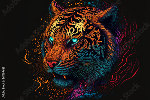 Colorful Tiger in a psychedelic style background  Rainbow Tiger fantasy  Neon tiger  generative ai.
