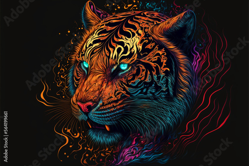 Wallpaper Mural Colorful Tiger in a psychedelic style background, Rainbow Tiger fantasy, Neon tiger, generative ai. Torontodigital.ca