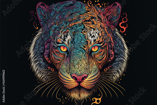 Colorful Tiger in a psychedelic style background  Rainbow Tiger fantasy  Neon tiger  generative ai.