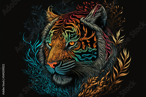 Wallpaper Mural Colorful Tiger in a psychedelic style background, Rainbow Tiger fantasy, Neon tiger, generative ai. Torontodigital.ca