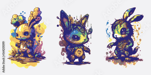 Psychedelic Watercolor Chibi bunny Character Vector, Rabbit