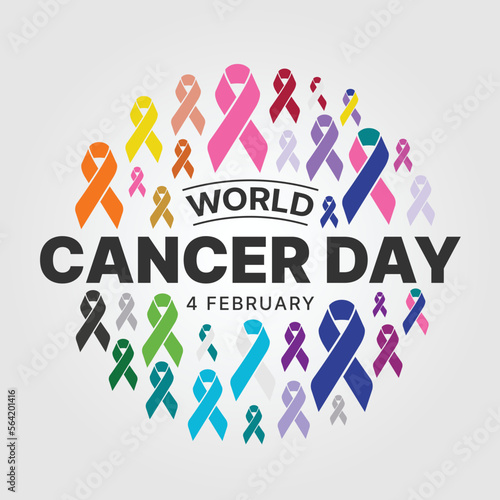 World Cancer Day text in circle shape with set of ribbons of different colors against cancer sign vector design