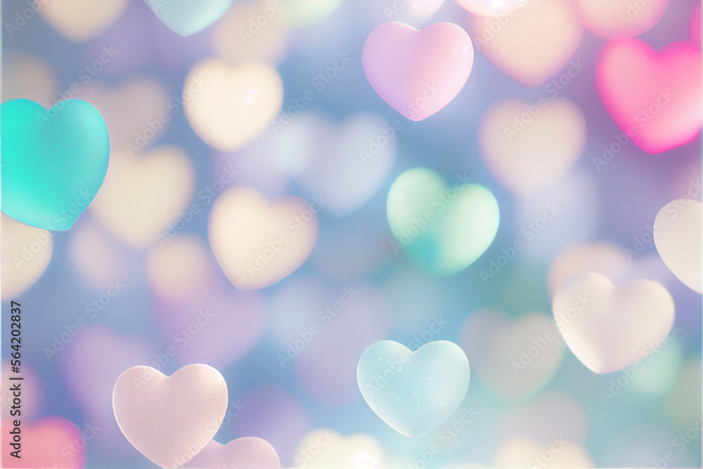 Soft pastel colorful sweet background and mini hearts soft bokeh lights in the white sky