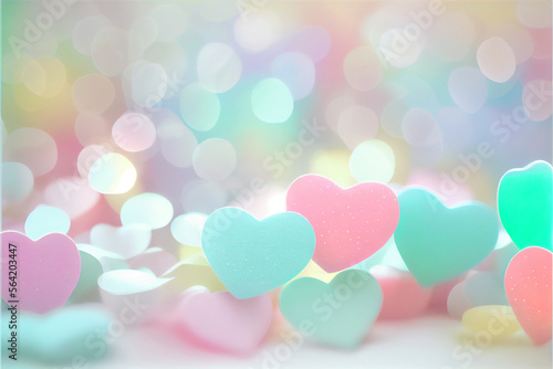 Soft pastel colorful sweet background and mini hearts soft bokeh lights in the white sky