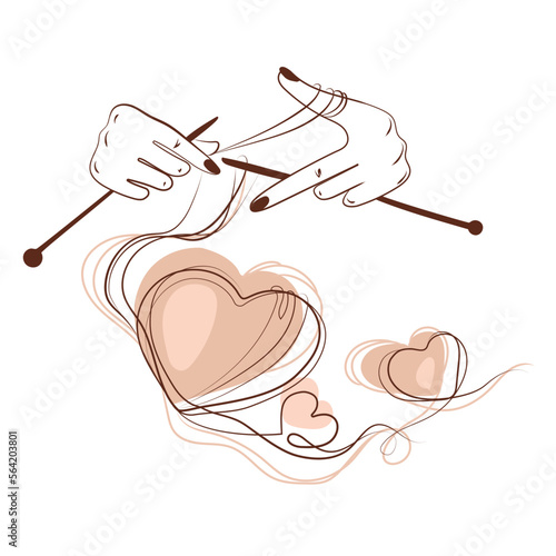 Female hands knitting hearts Line art drawing.Contemporary design vector illustration.Valentine's Day,romantic concept.Tools for knitting.Knitting hobby.Linear logo,print,emblem,tattoo,creative idea