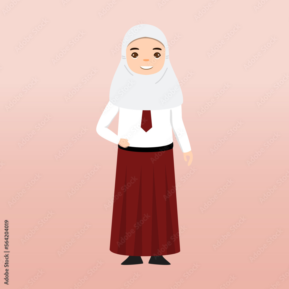 Elementary School Hijab Girl Student Wearing Red and White Uniform. Cartoon Vector Illustration. Portrait of an elementary school student. School students children with backpacks, books, macbook. Elementary School Hijab Girl Student Wearing Red and White Uniform. Cartoon Vector Illustration. Portrait of an elementary school student. School students children with backpacks, books, macbook.