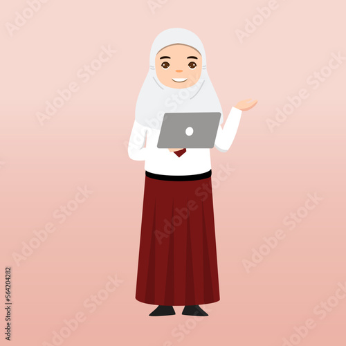  Elementary School Hijab Girl Student Wearing Red and White Uniform. Cartoon Vector Illustration. Portrait of an elementary school student. School students children with backpacks, books, macbook. 