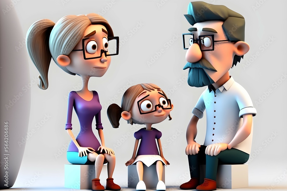 Parent and child sitting on chair with a conversation,3d cartoon character anime style.Ai generated Parent and child sitting on chair with a conversation,3d cartoon character anime style.Ai generated