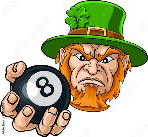 A leprechaun angry mean pool billiards mascot cartoon character holding a black 8 ball.