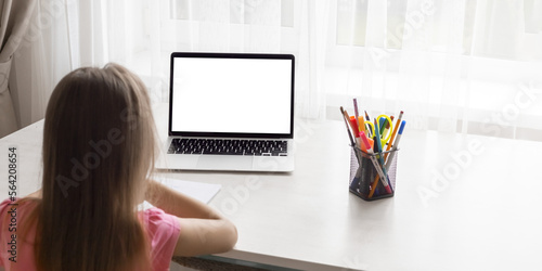 school at home through online homeschooling. the child is sitting at the computer photo