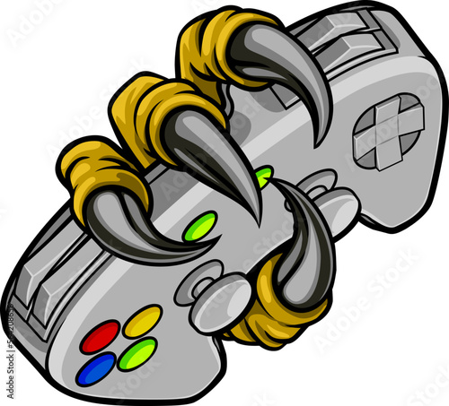 A gamer claw with talons holding a video game controller. Could be a monster like a dragon or dinosaur or perhaps bird like an eagle or hawk. Ripping or tearing through the background.