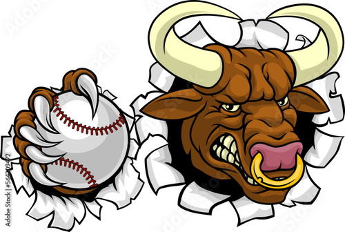 A bull or Minotaur monster longhorn cow angry mean baseball mascot cartoon.