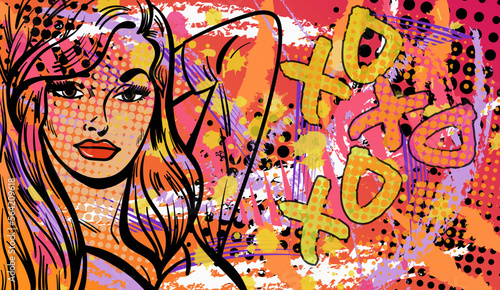 Vector illustration in pop art style with the abstract lady in old fashion comics style with the phrase  XO XO XO .